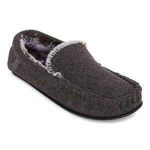 NWOT Mens XL (13-14) Stafford Moccasin Slippers Rubber Sole Gray Fur lined warm